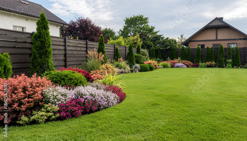 Beautifully Landscaped Front Yard with Manicured Green Lawn and Colorful Topiary Shrubs.