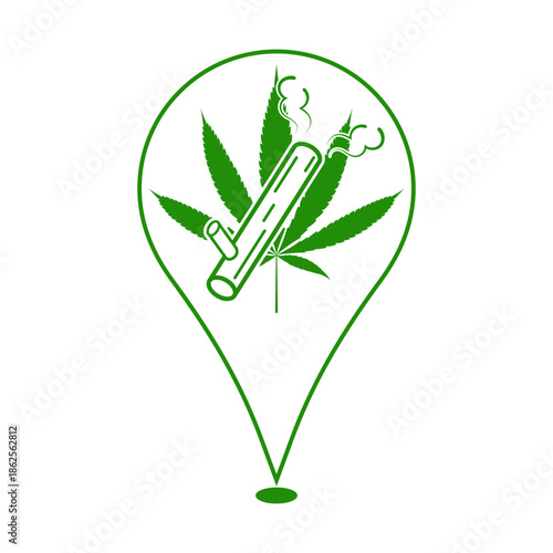 Cannabis smoking location for Cannabis stores, Marijuana sellers, Wooden bong with smoke and Cannabis leaves on location map marker icon
