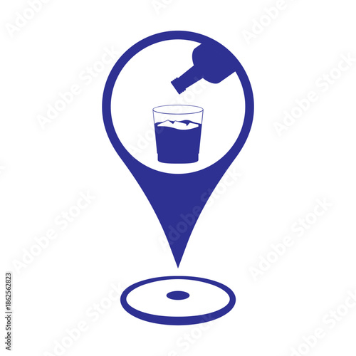 Liquor store map location marker icon for alcoholic drink sellers. Bottles and Glasses of alcohol drinking on a location marker