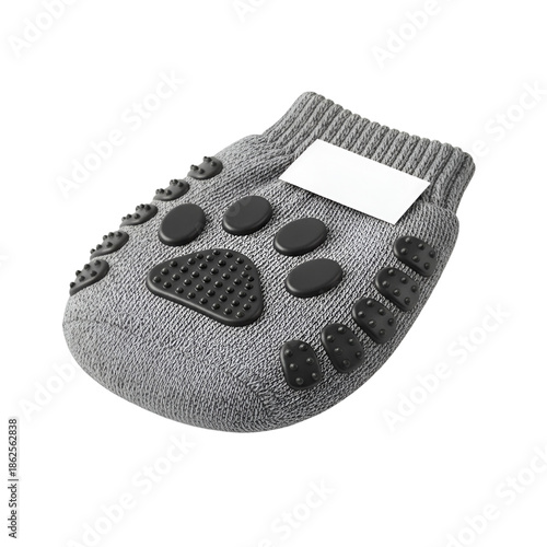 Gray dog socks with rubber grip pads and blank label to add custom design