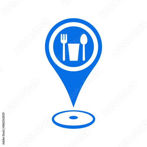 Fork, Spoon, and Paper cup on a dish. Food court, Canteen and Restaurant  Location vector symbol.