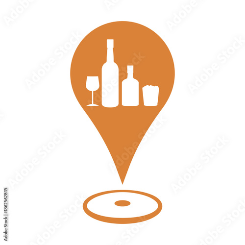 Liquor store map location marker icon for alcoholic drink sellers. Bottles and Glasses of alcohol drinking on a location marker