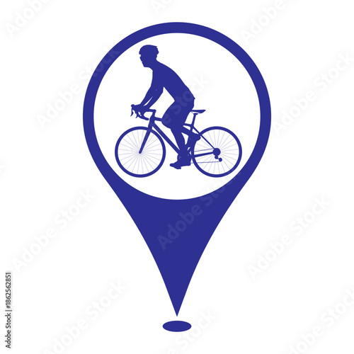 Bicycle location icon for Bicycle lane and Bicycle Stores. Cyclist riding a road bike on a location marker