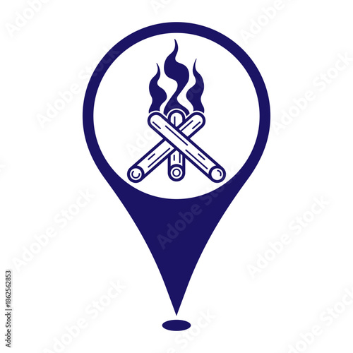 Camping location icon for a Camping area, Bonfire on location map marker icon, 