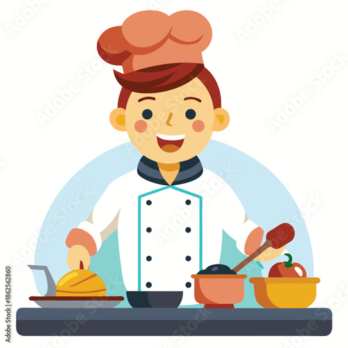 Cartoon chef holding a tray of food