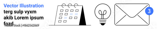 Productivity tools, creativity, communication, planning, innovation, team collaboration. Calendar, light bulb and envelope icons with clean lines. Planning and productivity concepts