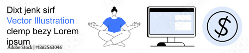 Work life balance, financial planning, meditation, online work, stress management, productivity. A woman meditating near a computer and dollar icon. Work life balance and financial success concept