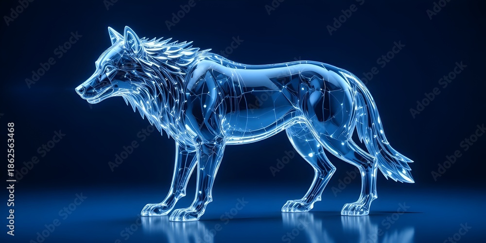 Fototapeta premium Stunning transparent wolf sculpture with glowing blue light