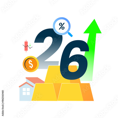 Vector illustration of the year 2026 with various investment instruments. Concept of investment outlook, financial growth, asset diversification, and future wealth planning