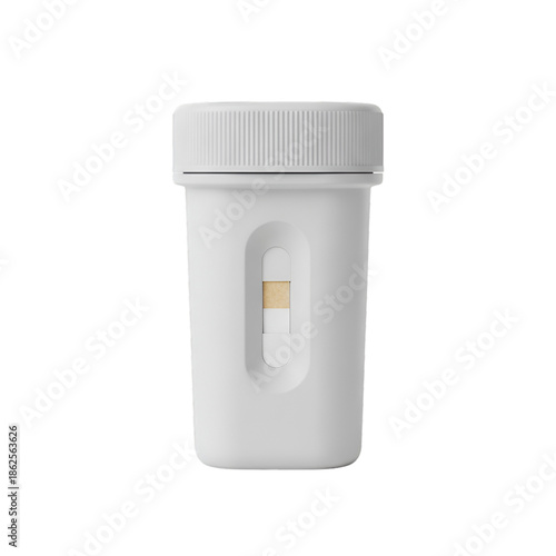 White container with label window and lid for medicine, pill, supplement storage