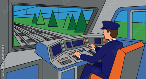 “Train driver sitting inside the train cabin, hands on control panel, large front window showing railway tracks as simple flat shapes, flat vector illustration