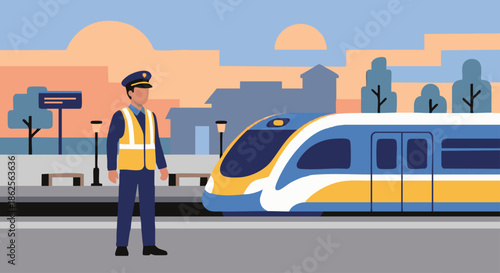 “Train driver wearing a uniform standing on a station platform beside a modern passenger train, early morning atmosphere simplified into solid colour shapes, flat vector illustration