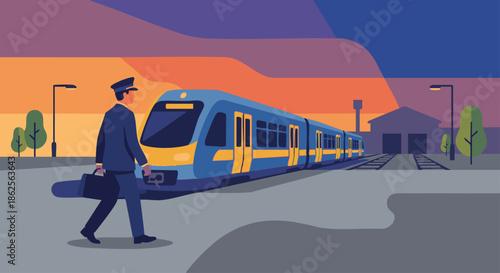 “Train driver walking away from a parked train at a rail depot after finishing the shift, sunset colours in solid tones, flat vector illustration, minimal background, professional transportation stock
