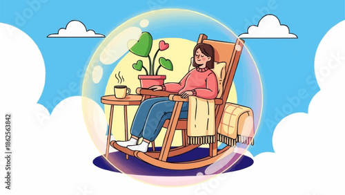 Woman relaxing in rocking chair inside a bubble with coffee and plant.