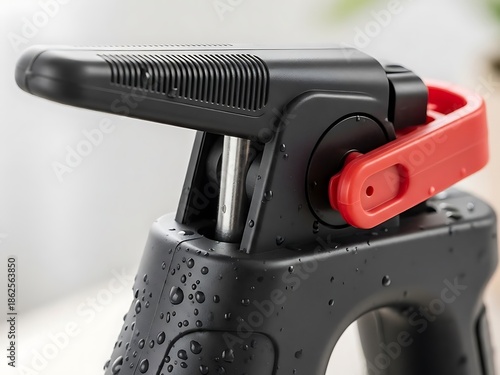 Close-up stationary exercise bike equipment with dampness after training session