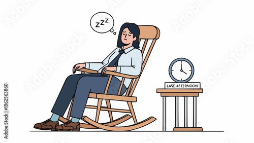 Woman sleeping in rocking chair with clock on side table.
