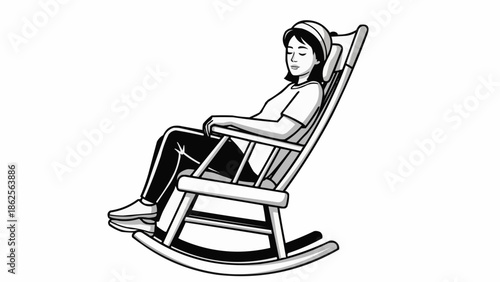 Young Woman Relaxing in a Wooden Rocking Chair.
