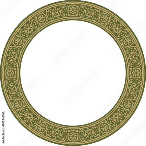 Vector round gold with green border, frame, Pompeii ring. Circle Neopolitan ornament. Art of Ancient Rome.