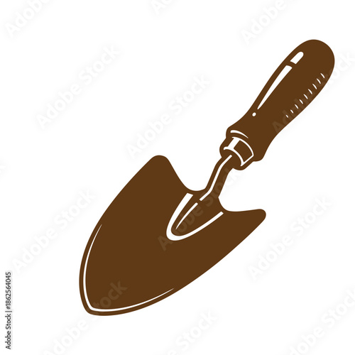 brown garden trowel with handle on white background for planting flowers and digging