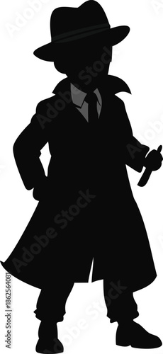 Silhouette Of A Boy In A Detective Trench Coat And Fedora
