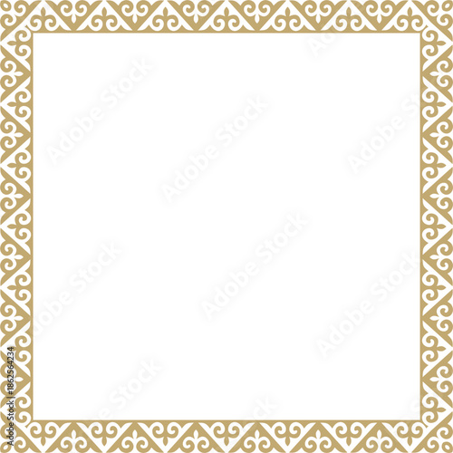 Vector golden square Kazakh national ornament. Ethnic pattern of the peoples of the Great Steppe,