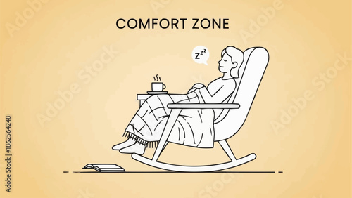 Person relaxing comfortably in a rocking chair with a blanket and drink.