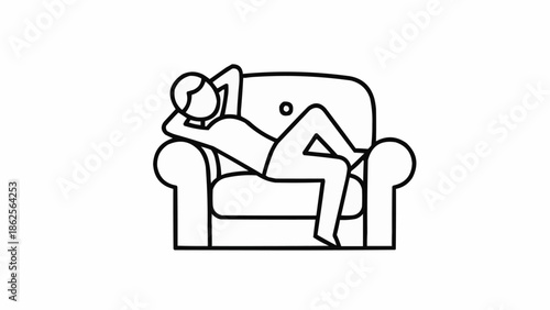 Person relaxing comfortably on a plush armchair line art illustration.