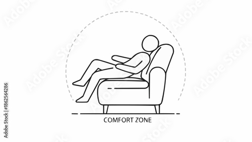 Person relaxing in a comfortable armchair with text comfort zone.