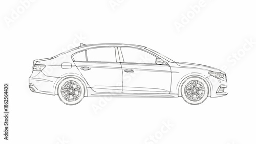 Detailed Line Art Illustration of a Modern Sedan Car.