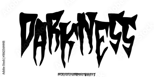Y2k Dark Lettering tattoo vector type font. Grunge style type font with Gothic Punk Rock and Death Metal signs and symbols. Scary tattoo font 00s concept.