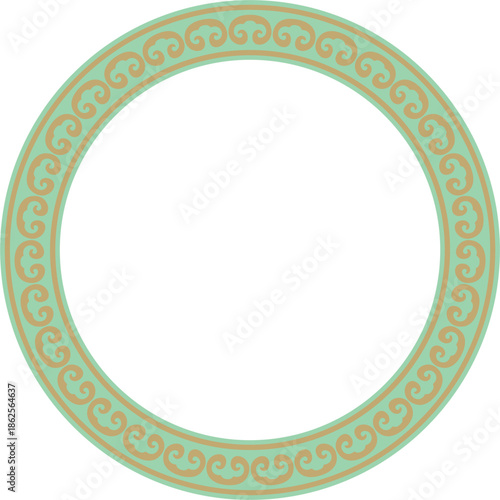 Vector round gold with green ancient Russian ornament. Slavic border, frame. Circle, ring. Painting of the royal chambers.