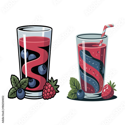 Mixed berry juice vector illustration with blueberry strawberry and raspberry smoothie in glasses