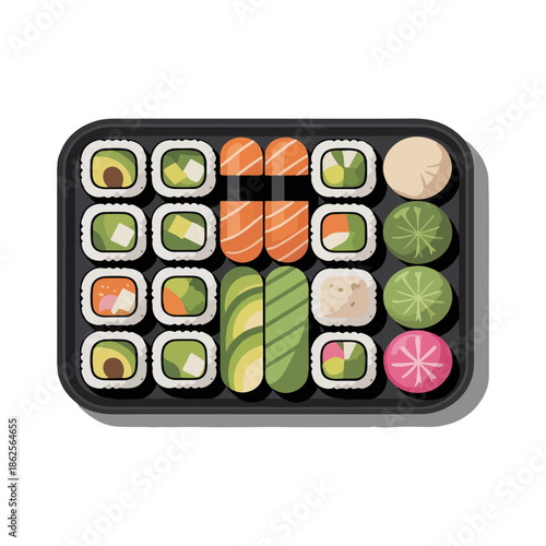 Vegan sushi platter vector illustration with avocado rolls and assorted maki on tray isolated