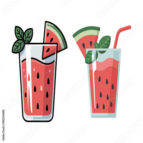 Fresh watermelon juice vector illustration with fruit slices and mint leaves in glasses isolated