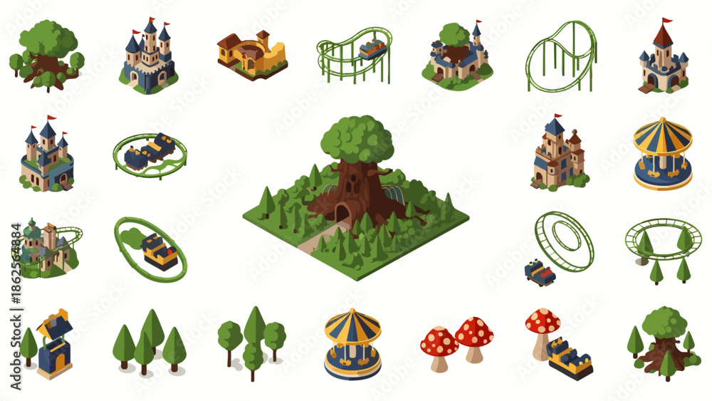 Fototapeta premium Amusement Park Isometric Icons: Castle, Roller Coaster, Carousel, Trees, Mushrooms, and Rides