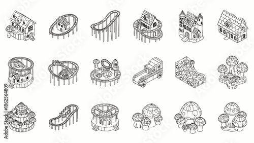 Collection of Isometric Fantasy Buildings and Attractions, Cartoon Style, Vector Illustrations