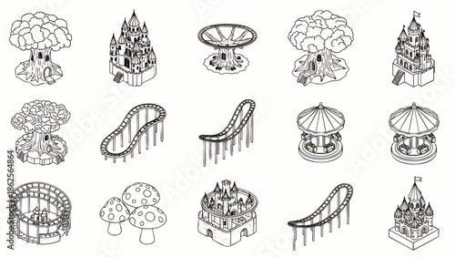 Whimsical hand-drawn isometric amusement park icons: castles, roller coasters, carousels, and mushroom houses.