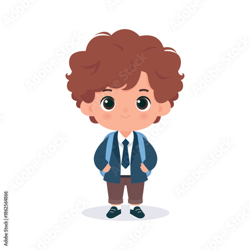 Cute Cartoon Boy Student With Backpack In School Uniform Illustration