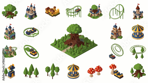 Amusement Park Isometric Icons: Castle, Roller Coaster, Carousel, Trees, Mushrooms, and Rides