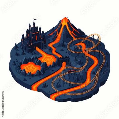 Fantasy theme park with a volcano, lava flows, castle, and roller coaster, isometric view