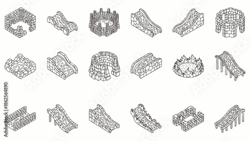 Isometric Set of Stone Castle Playground Elements for Kids, Medieval Fantasy Theme, Vector Illustration