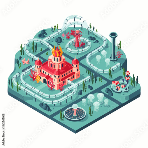 Isometric theme park with roller coaster, Ferris wheel, and iconic building, set in a stylized aquatic environment.