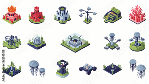 Isometric fantasy and sci-fi structures, bases, and habitats vector set. Futuristic game assets with unique architectural and organic elements for digital design.
