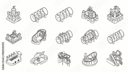 Collection of isometric line art icons featuring various playground equipment and amusement park rides, perfect for children's fun and recreation designs.