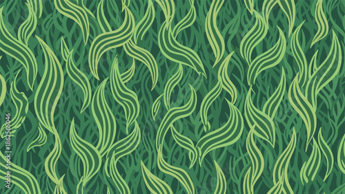 Seamless organic pattern of wavy green grass blades or seaweed underwater creating lush and vibrant natural texture.
