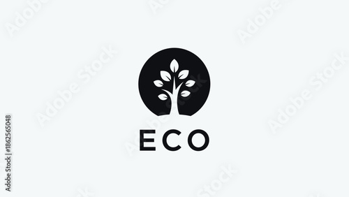 Minimalist eco logo design with white tree silhouette inside black circle representing nature and sustainability.