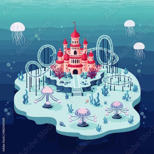 Whimsical underwater amusement park with a magical castle, thrilling roller coasters, and playful jellyfish, creating a fantasy adventure scene.