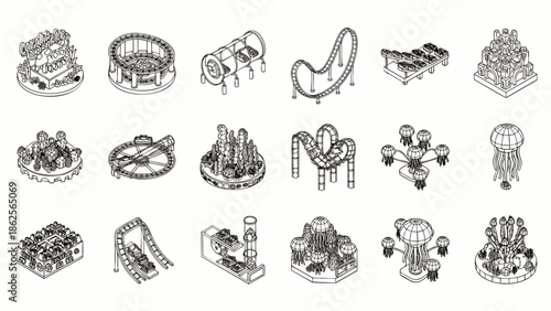Isometric Amusement Park Rides Line Art Icons Set. Various funfair attractions: roller coasters, carousels, thrill rides. Perfect for entertainment design.