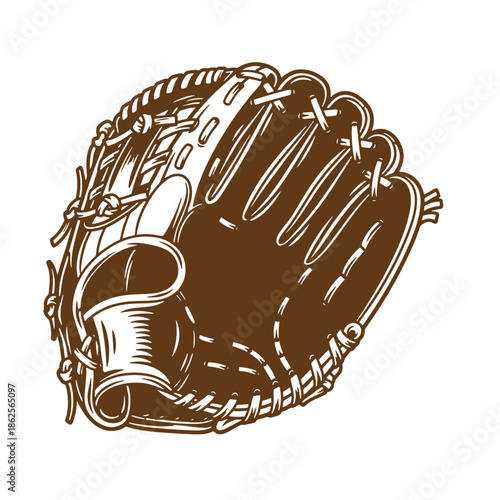 Brown leather baseball glove with white stitching and laces on transparent background