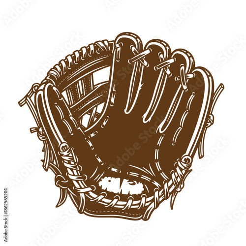 Brown leather baseball glove with white stitching on transparent background for sports and baseball equipment